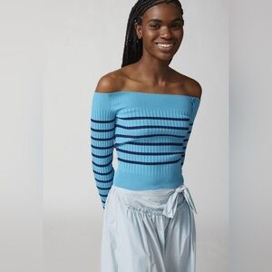 NWT URBAN OUTFITTERS Tessa Buttoned Off-The-Shoulder Sweater in Lt Blue/Navy LG